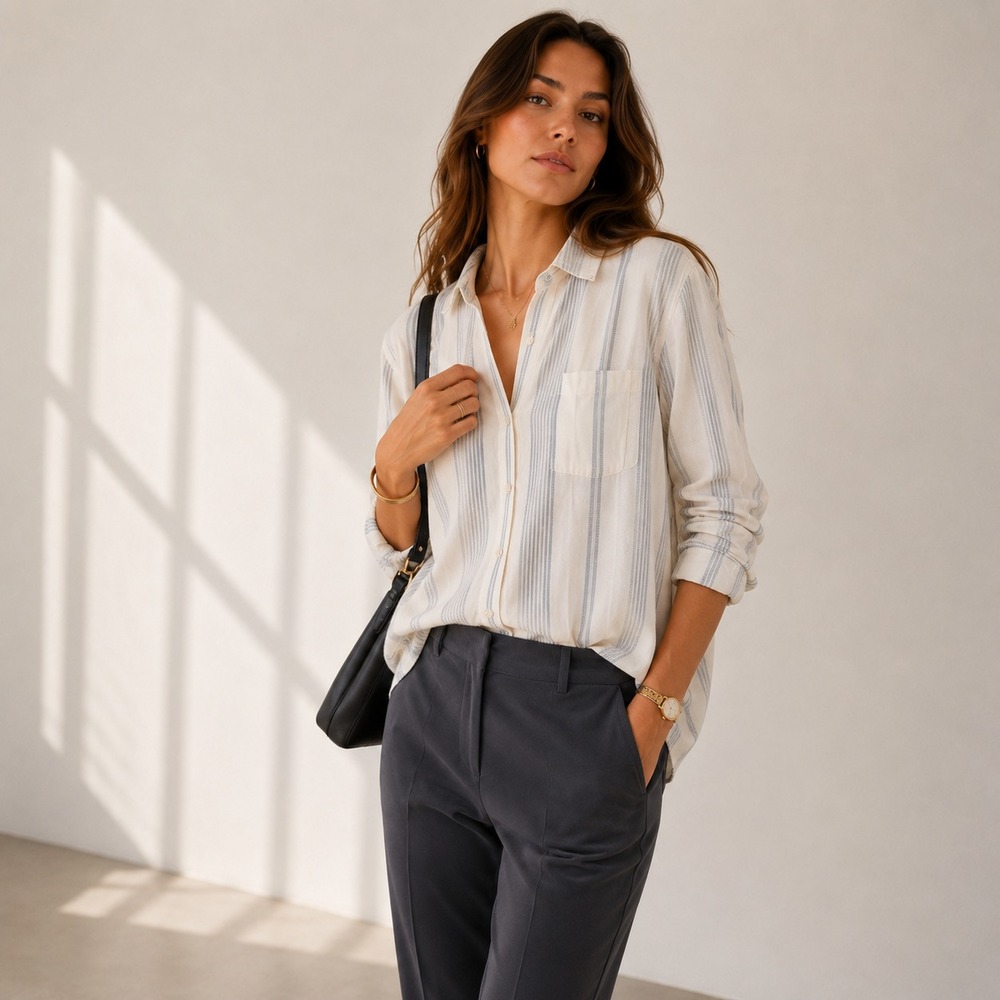 PACT Women's MEDIUM Button Down Shirt 100% Organic Cotton Striped Blouse